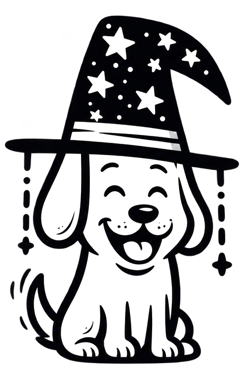 A happy cartoon dog wearing a wizard hat
