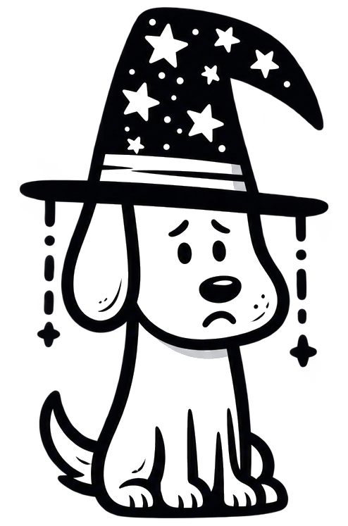 A sad cartoon dog wearing a wizard hat