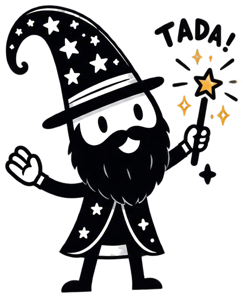 A cartoon wizard casting a spell, saying TADA!